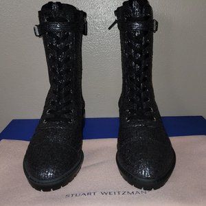Stuart Weitzman Black Textured Leather Lace-Up Ankle Boots
